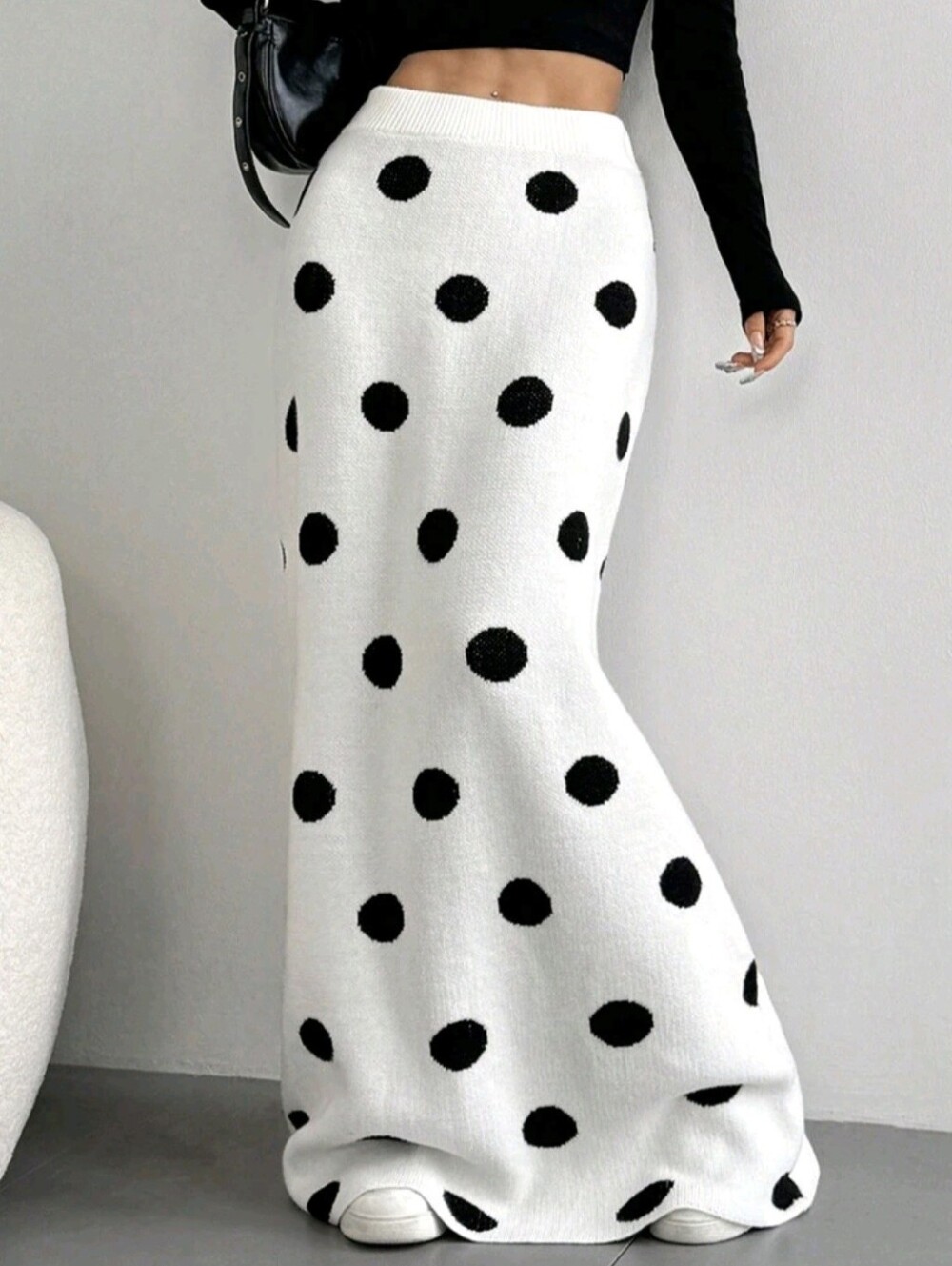 Casual Polka Dot Mermaid Maxi Sweater Skirt, Versatile For Autumn/Winter